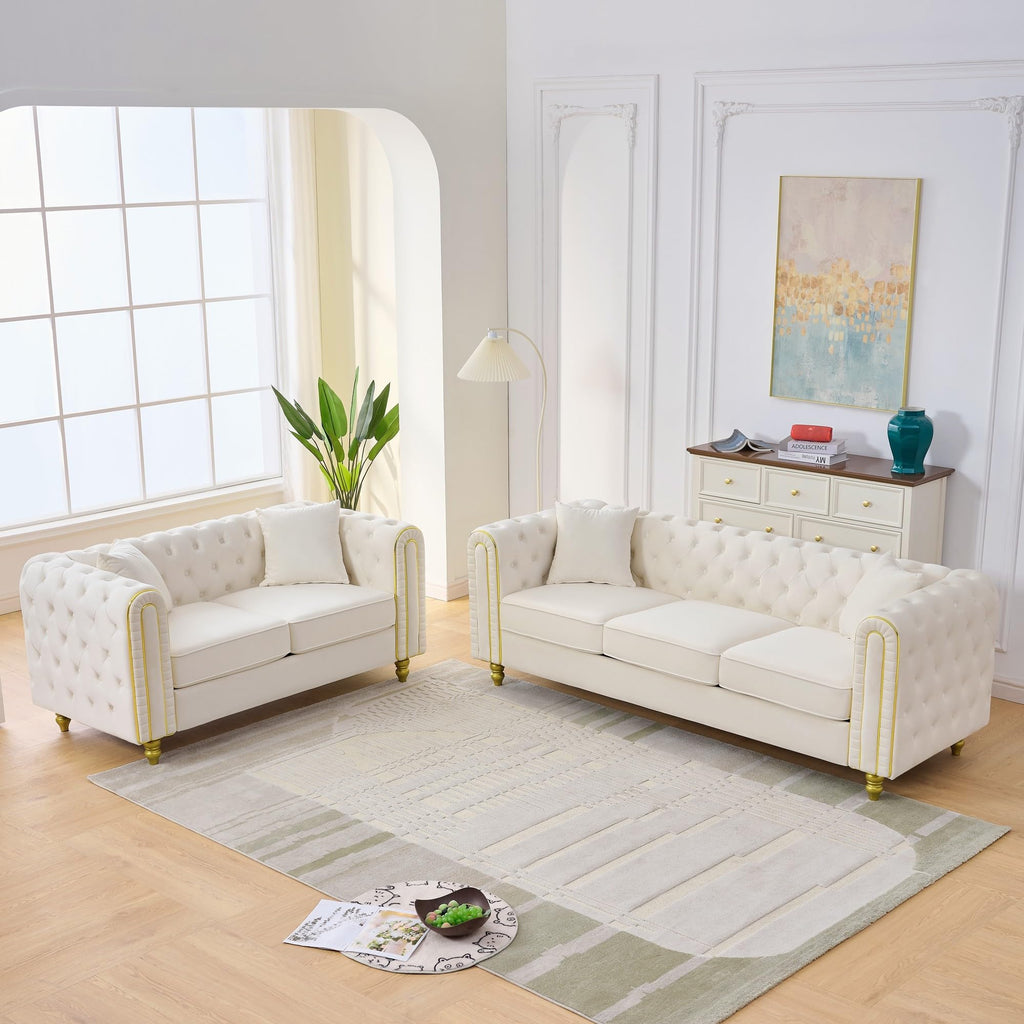 Chesterfield Button Tufted Sofa Set of 2, Modern Deep Seat Loveseat + 3 Seater Couch with Golden Legs, Upholstered