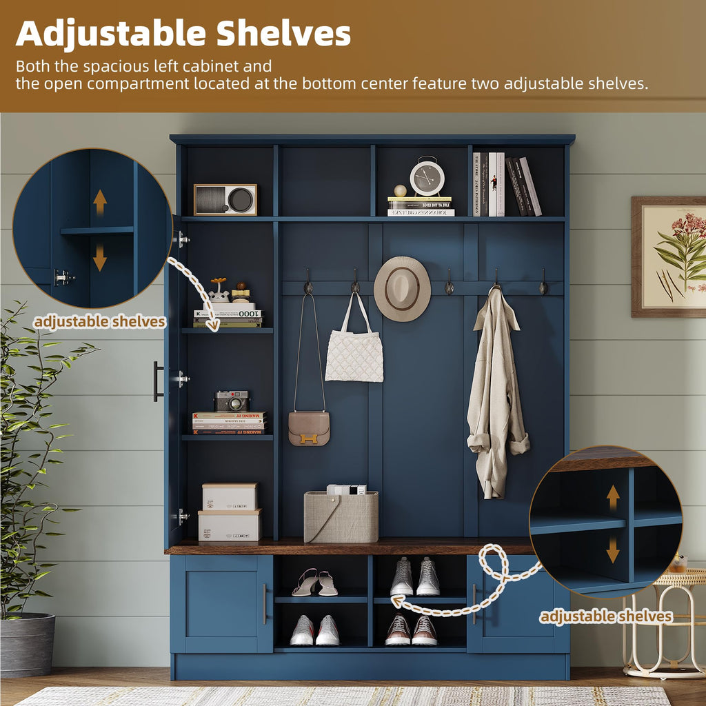 Farmhouse Versatile Wood Hall Tree 6 Hooks and Shoe Bench, Blue