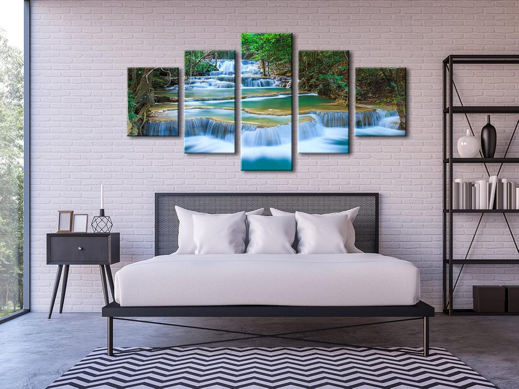 Peaceful Waterfall 5 Panels Large Canvas Paintings Wall Art Modern Gallery Wrapped Landscape Forest Giclee Canvas