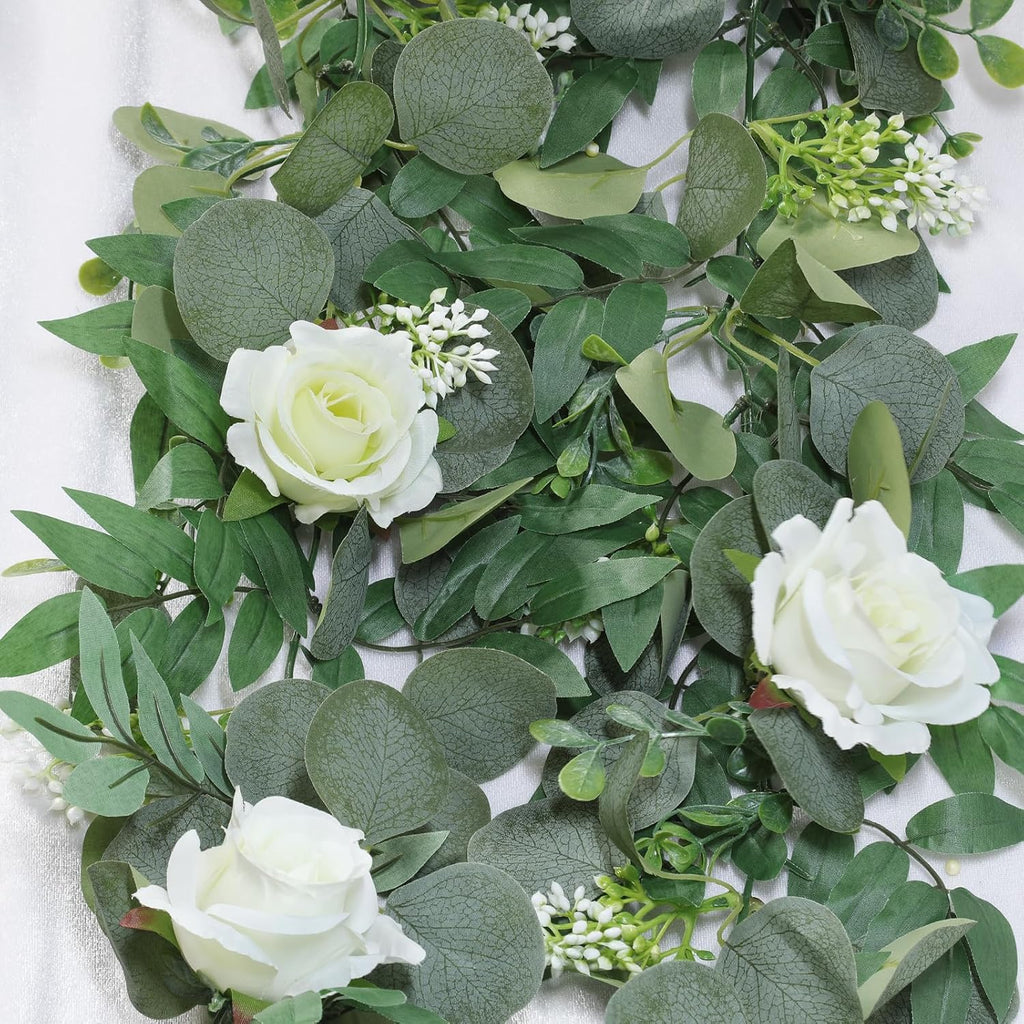 Artificial Spring Eucalyptus Flower Garland with White Roses, 13Ft Fake Flower Greenery Floral Green Garland - Set of 2