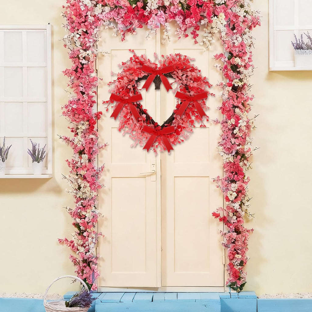 Valentine's Day Heart Wreath 22 Inch Red and Pink Artificial Floral Wreath with Ribbon Door Wall Window Hanging Decor - Set of 2