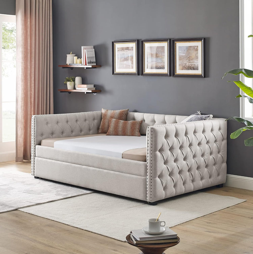 Daybed with Trundle, Modern Upholstered Full Size Button-Tufted Sofa Bed Frame with A Roll-Out Trundle, No Box Spring