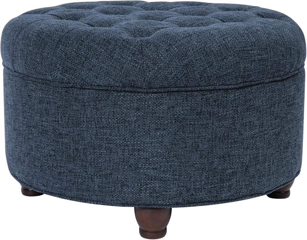 Home Decor | Large Button Tufted Woven Round Storage Ottoman (Navy Woven) 25 inch D x 25 inch W x 15 inch H