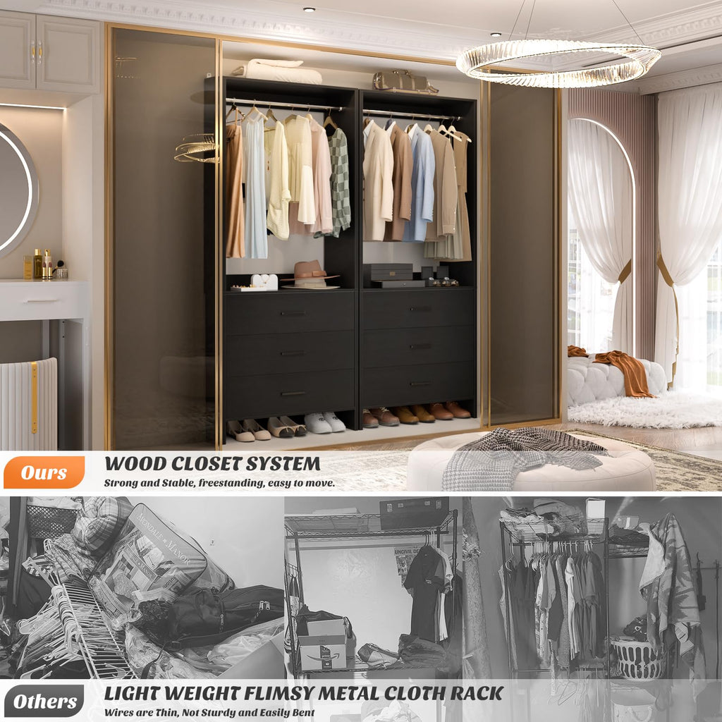 1.8FT Closet System with 3 Drawers, 21.5'' Closet Organizer, Black