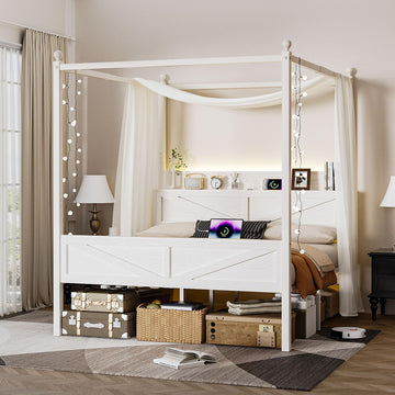 Canopy Bed Frame with Barn Storage Headboard, Beige