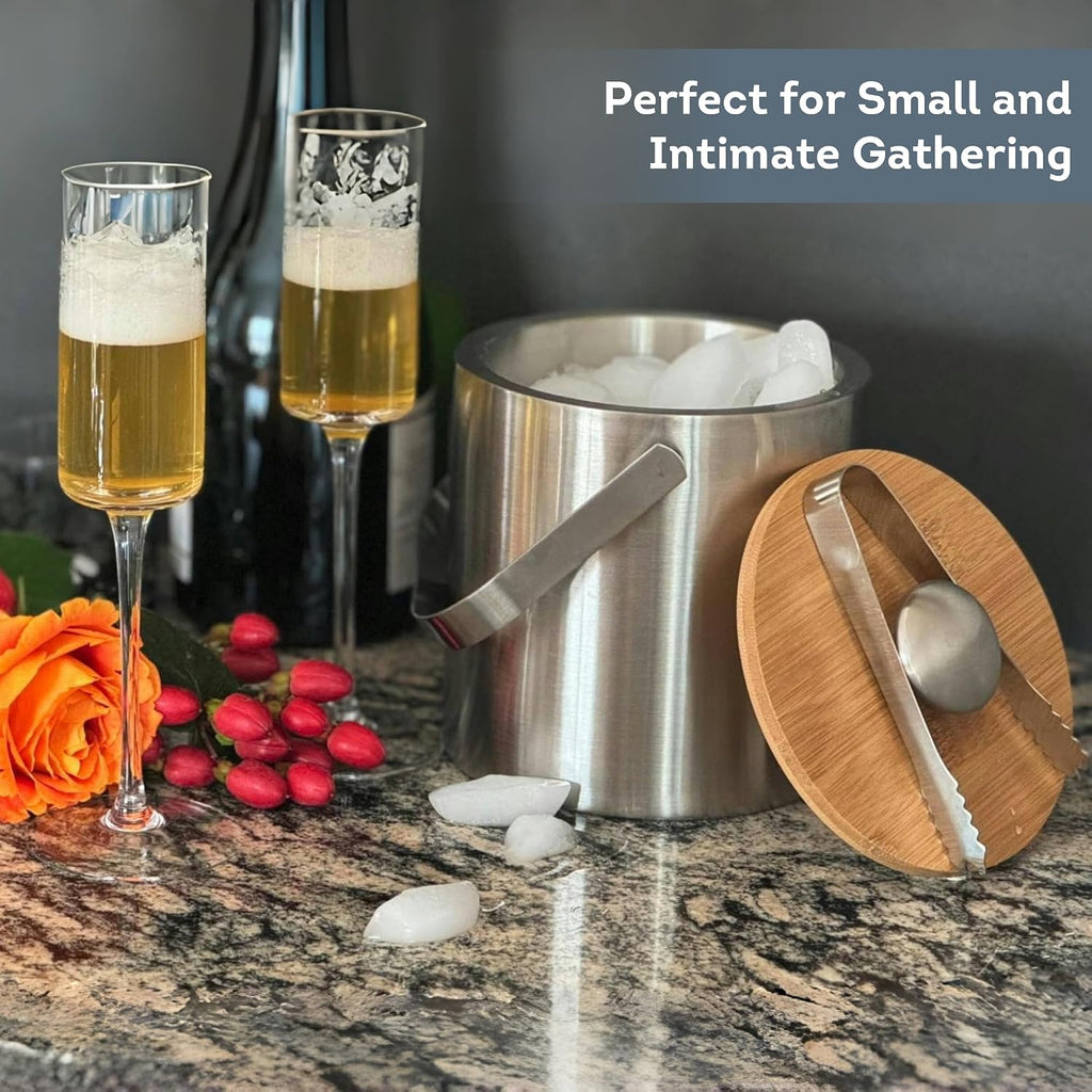 Double Wall Insulated Small Ice Bucket with Bamboo Lid - Stainless Steel Ice Holder with Tongs and Strainer