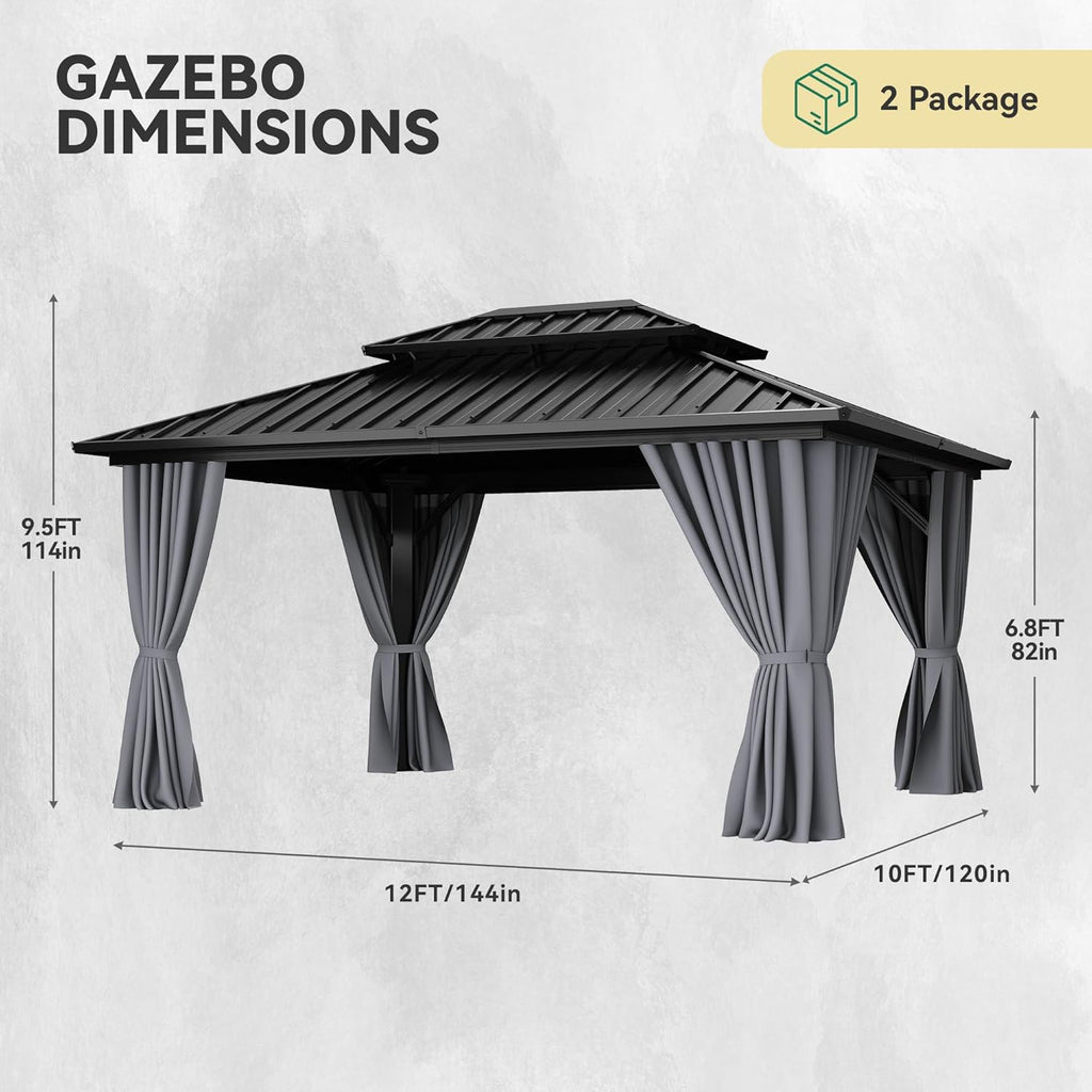 10X12FT Hard Top Gazebo Aluminum Frame Patios Double Roof Canopy Garden Metal Gazebo Tent Curtains Netting for Patios