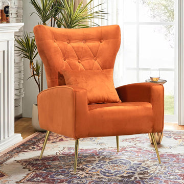 Velvet Accent Chair, Wingback Chair with Arm & Gold Legs, Side Chair with Lumbar Pillow, Button-Tufted, Orange