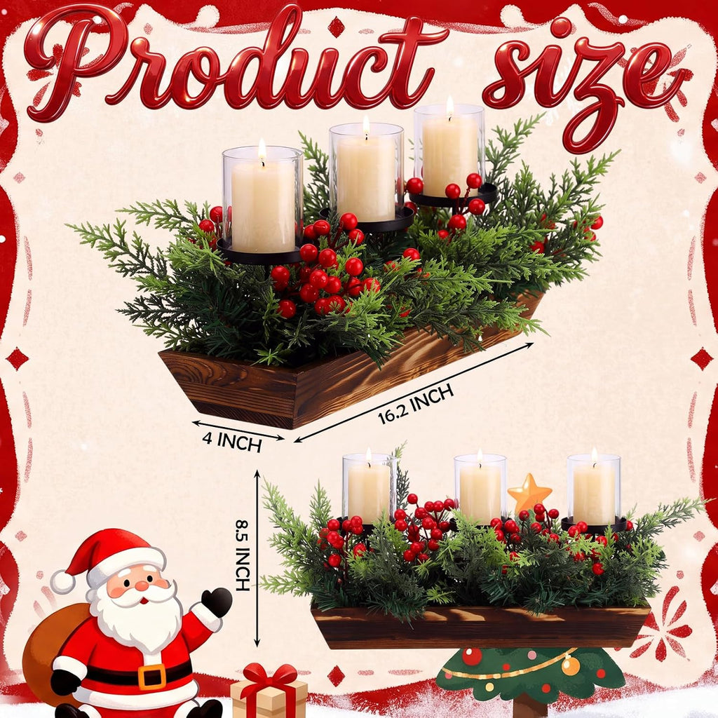3 Pillar Christmas Candle Holder Centerpiece Norfolk Pine Decor