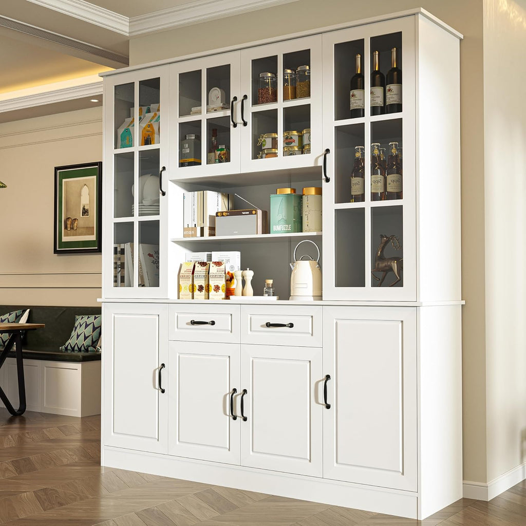 MU Kitchen Storage Cabinet with Glass Doors, Large China Hutch with 2 Drawers & 5 Adjustable Shelves, Kitchen Pantry