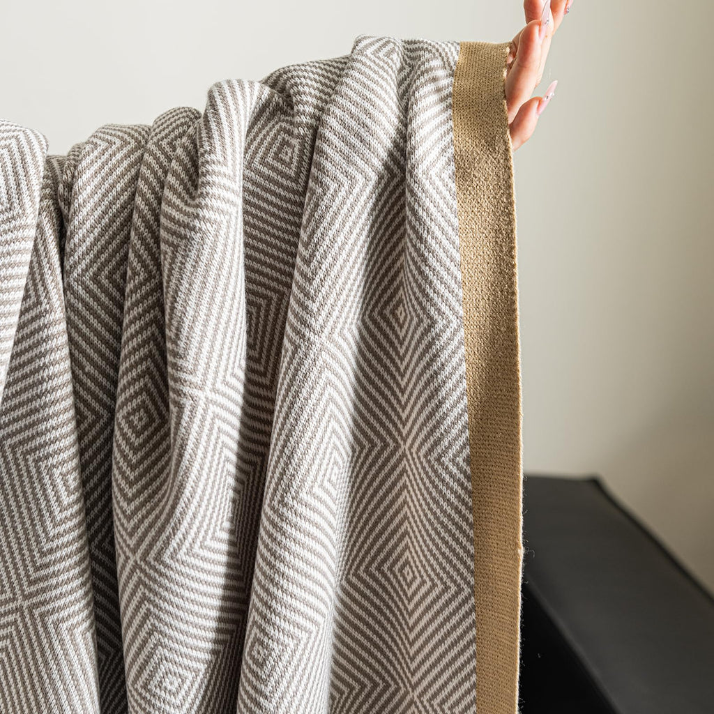 Geometric Woven Throw Blanket with Gold Trim for Sofa Bed Couch