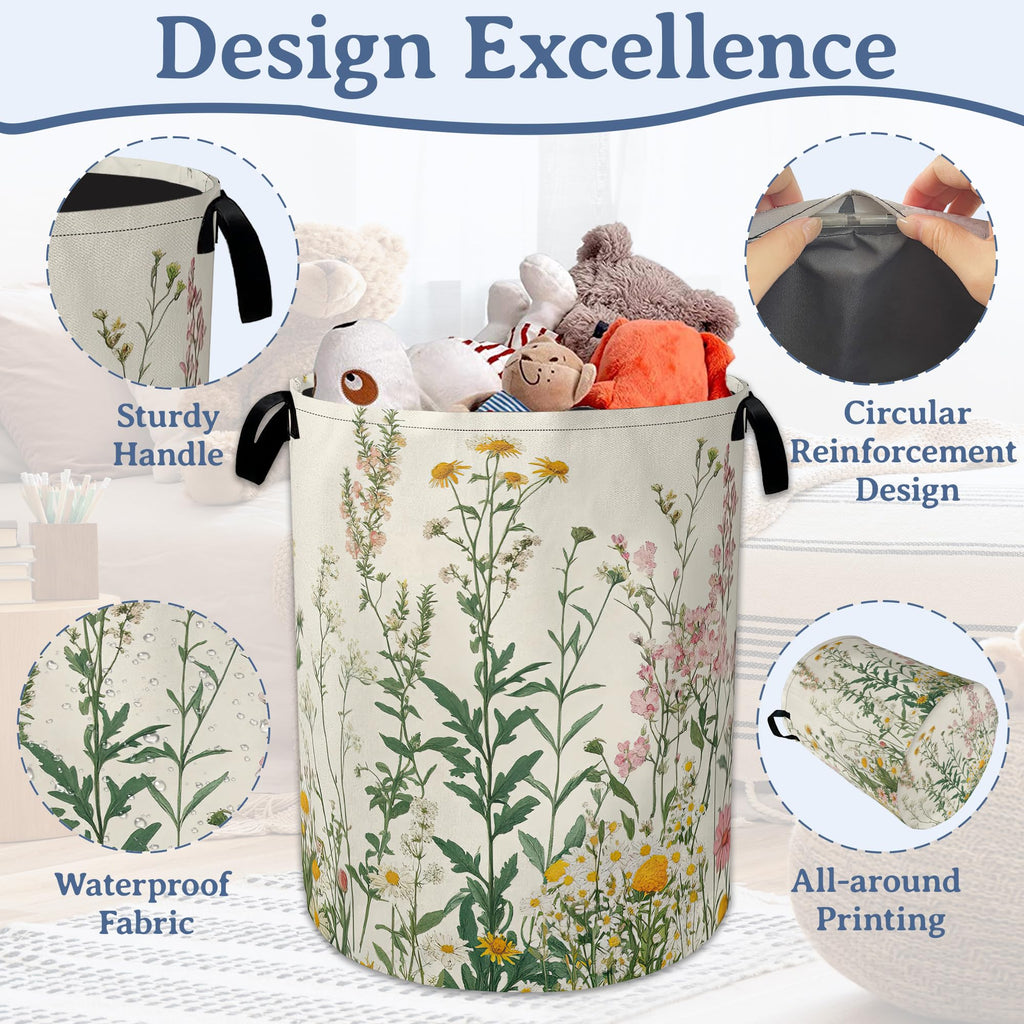 Wildflowers Laundry Hamper With Handle,Foldable Oxford Cloth Vintage Herb Flower Botanical Laundry Basket,20.8"x16"