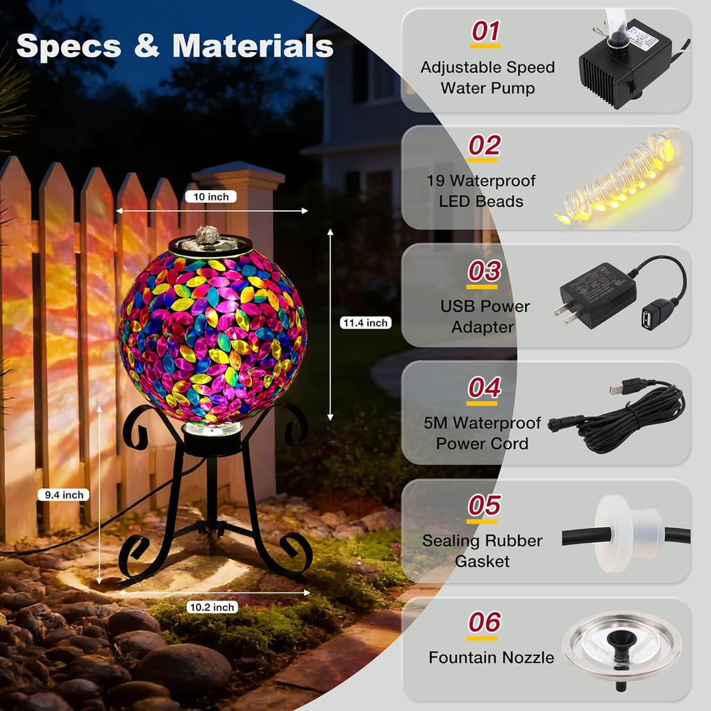Mosaic Glass Fountain, Floor-Standing Lighted Water Feature with Quiet Pump, Decorative Accent Lighting Garden
