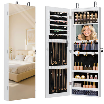 Lockable Mirror Jewelry Cabinet LED Lights Wall Mount White