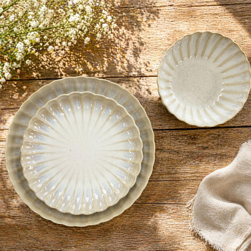 Ceramica Kea 12 Piece Stoneware Dinnerware Set for 4, Reactive Glaze Plates and Bowls Set, Modern Neutral Tone