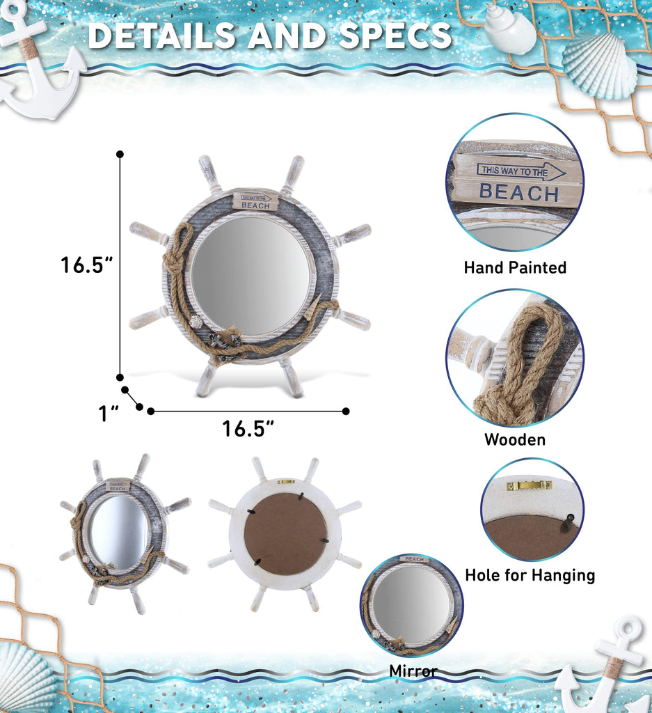 Silver Sea Beach Wall Decor Nautical Ship Wheel Mirror - Handcrafted Wooden Ship Wheel Mirror with Hanger, Nautical
