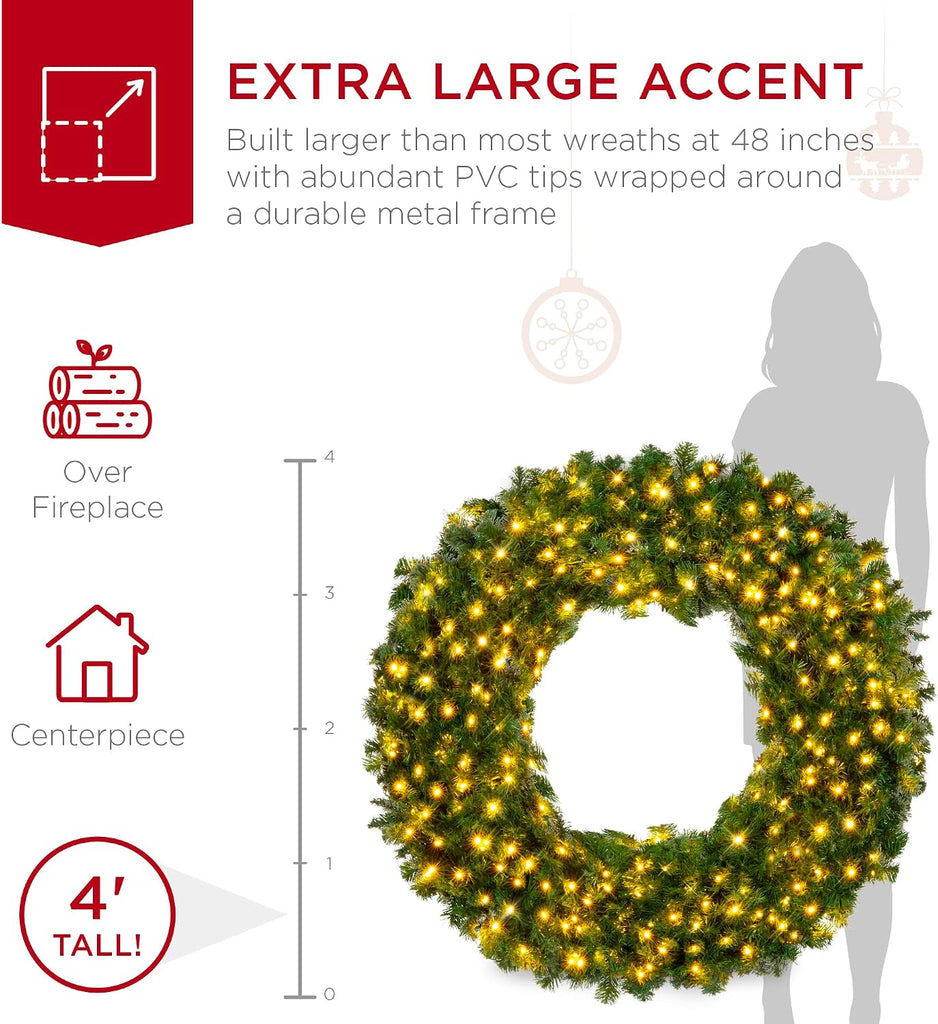 48in Large Artificial Pre-Lit Fir Christmas Wreath Holiday Accent Decoration w/ 200 LED Lights, 714 PVC Tips
