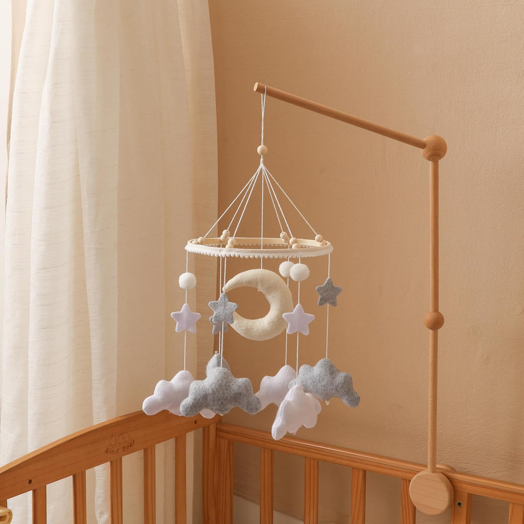 Nordic Boho Baby Crib Bell - Moon & Stars Felt Nursery Decor, Neutral Minimalist Baby Room Hanging Ornament, Modern