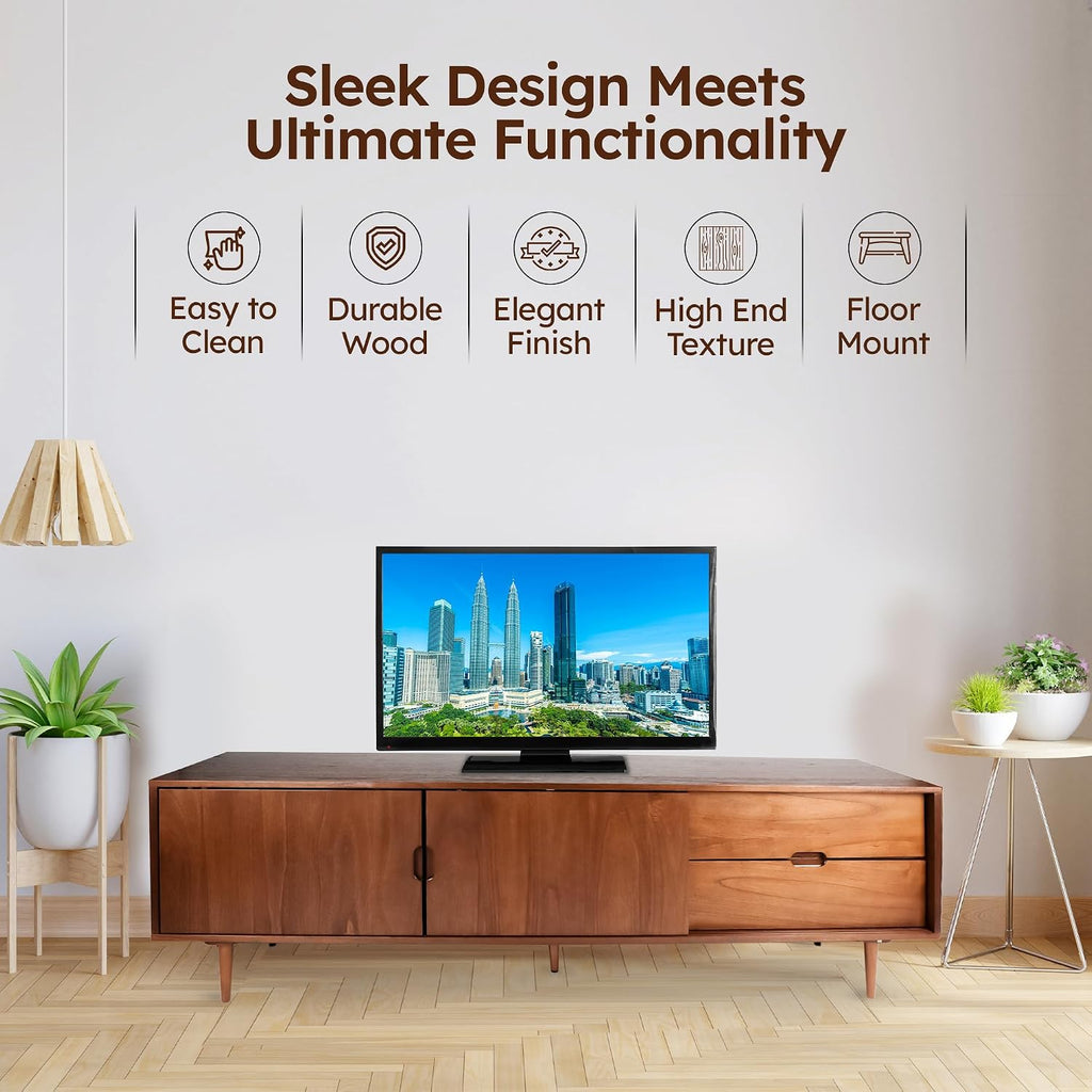 BTM Mid‑Century Modern TV Stand for 55-90‑Inch TVs, Walnut Sliding Door Entertainment Center, Adjustable Shelves with