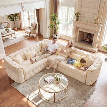 Oversize Luxury Sectional Couch 110.5" Velvet Chesterfield Sofa, Cream White and Gold Sofas with Metal Accents