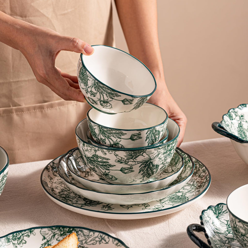 Ceramic Dinnerware Set, Series Kavara II, (Green Rose)