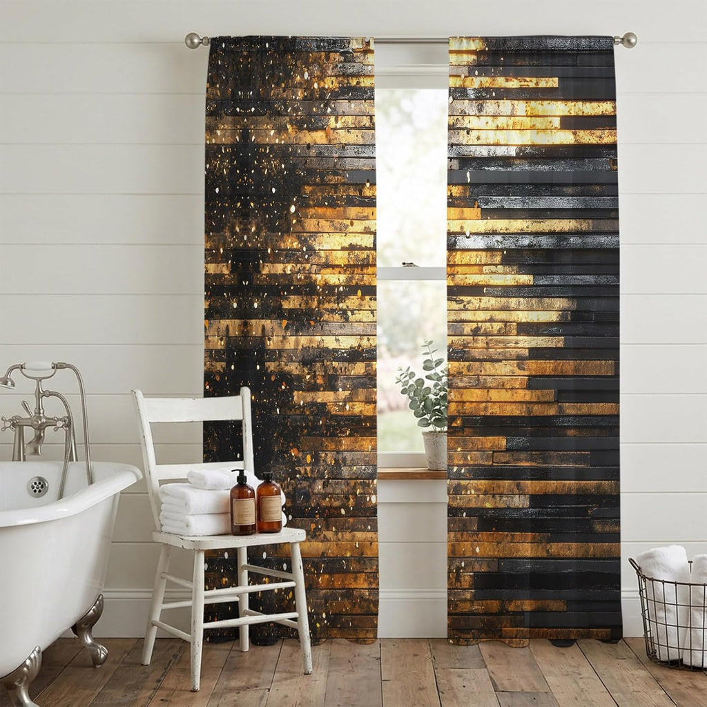 Sheer Curtains 96 Inches Long, Luxury Golden Black Light Filtering Window Curtains , Geometric Art Deco Modern Rod