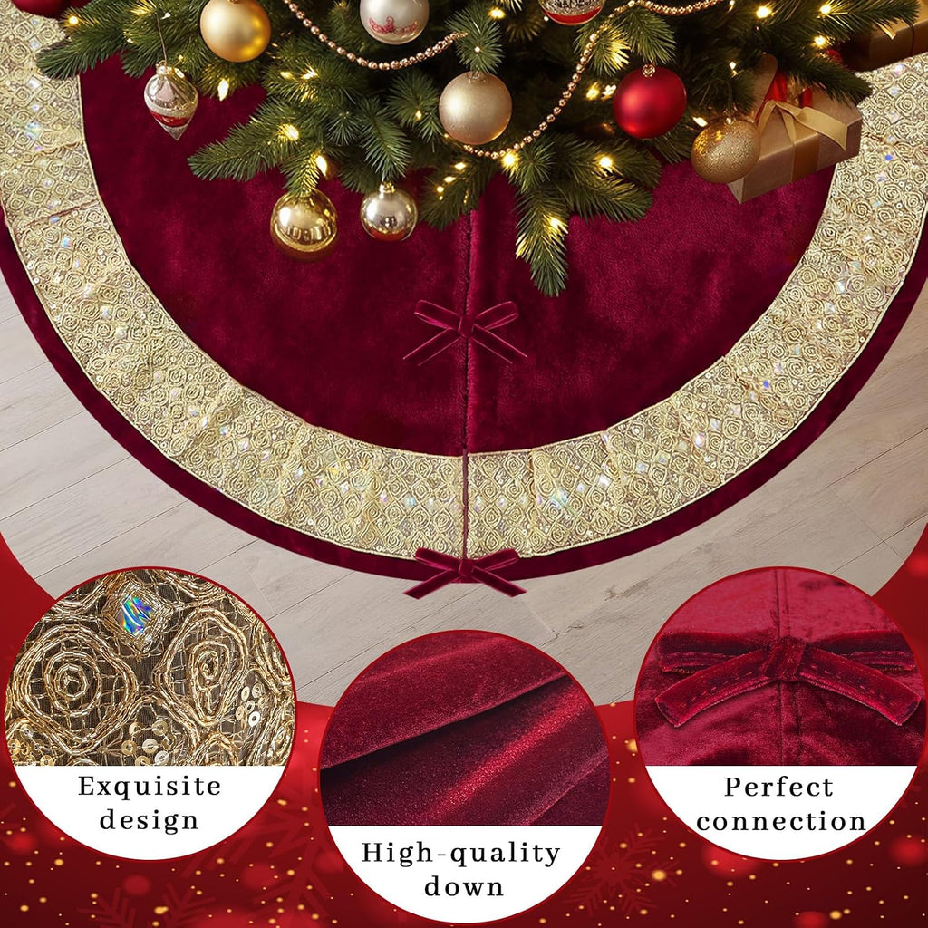 Red Velvet Christmas Tree Skirt, Gold Glitter Trim Holiday Tree Mat