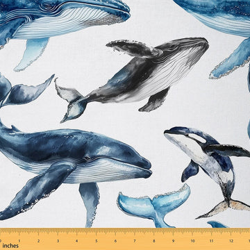 Wild Whale Outdoor Fabric by The Yard, Ocean Sea Marine Life Fabric by The Yard for Teens Craft Lover, Retro Graffiti
