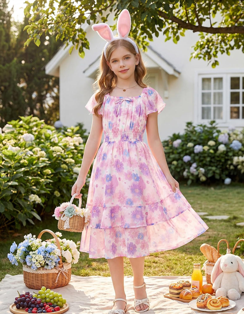 Girls Floral Summer Dress Flutter Sleeve Square Neck Midi Casual Dress for Girl