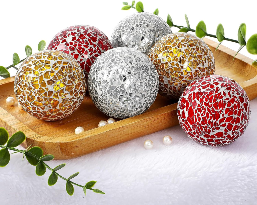 Decorative Balls for Bowls, 2.4 Inch Mosaic Sphere Balls Decorative, Mosaic Glass Orbs Centerpiece Balls - Set of 6