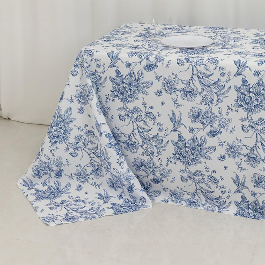 90"x132" White with Blue French Toile Pattern Wholesale Linens Polyester Tablecloths Banquet Linen Wedding Party