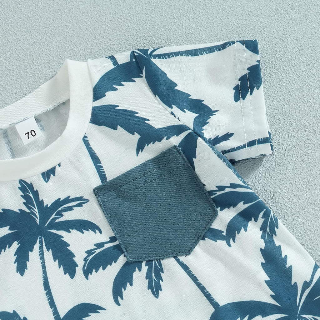 Toddler Baby Boy Clothes Beach Short Sleeve Palm Print Hawaiian T-Shirt and Drawstring Shorts Set Summer Outfit