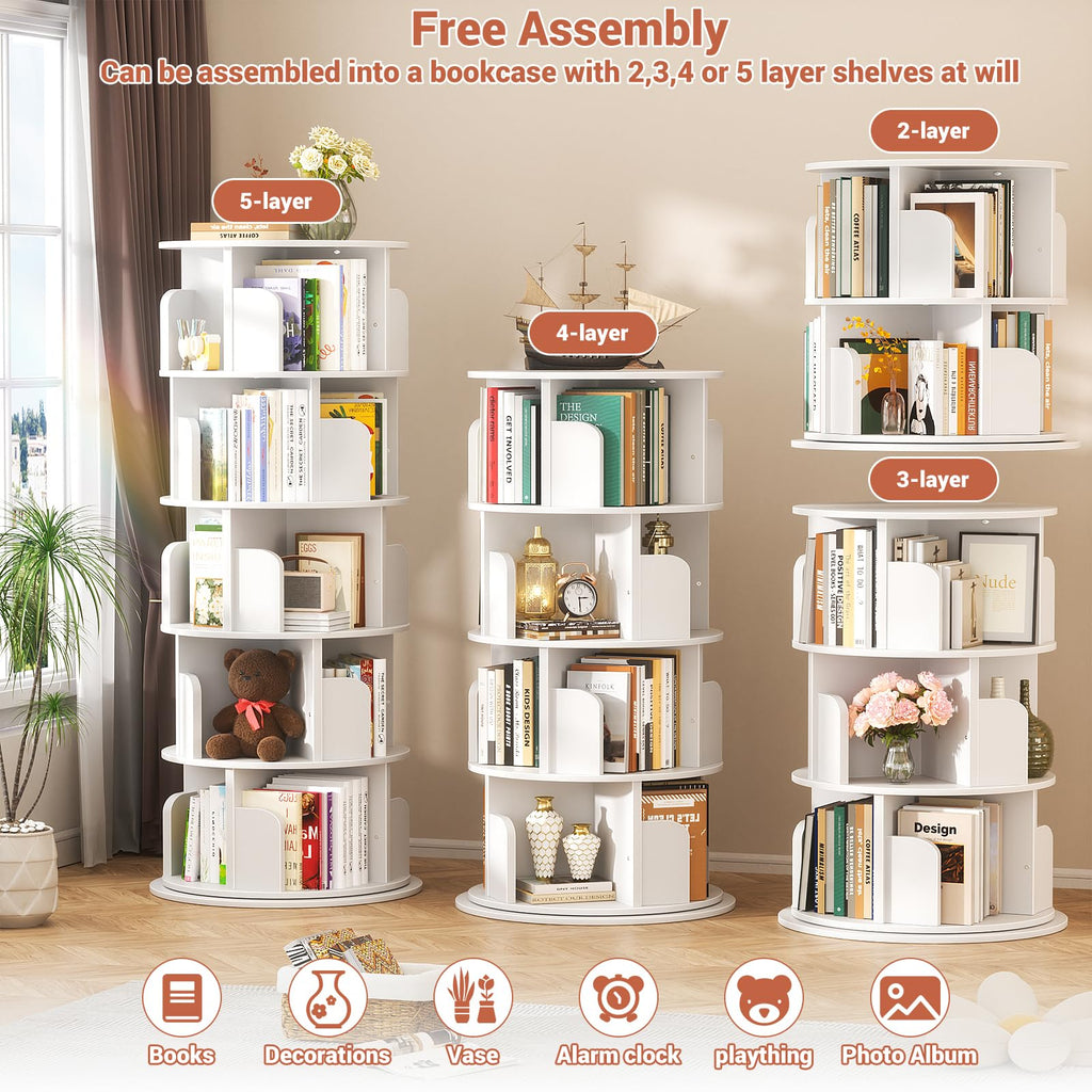 Rotating Bookshelf Tower, 5 Tier Wood Spinning Bookcase, White