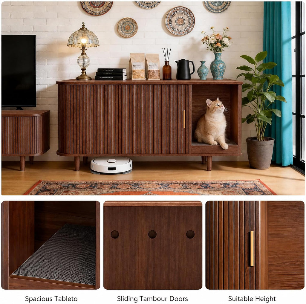 Cat Litter Box Enclosure with Scratch Pad, Sliding Door, 38.5" Cat Litter Furniture Hidden Litter Box Cabinet, Modern