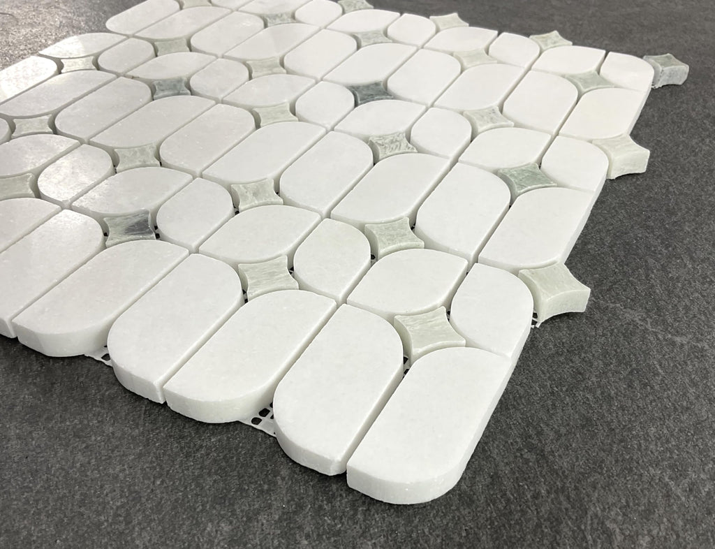 Thassos White Marble Mosaic Tile with Ming Green Accents - Polished Decorative Stone Tile Backsplash, Bathroom Wall &