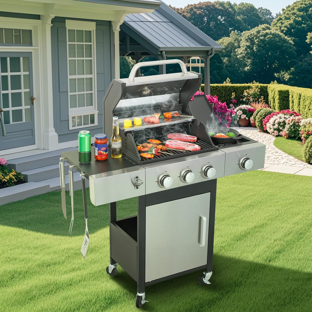 3-Burner Propane Gas Grill with Side Burner, 37,230 BTU BBQ Grill with Enameled Cast Iron Grates and Stainless Steel Body for Outdoor Cooking