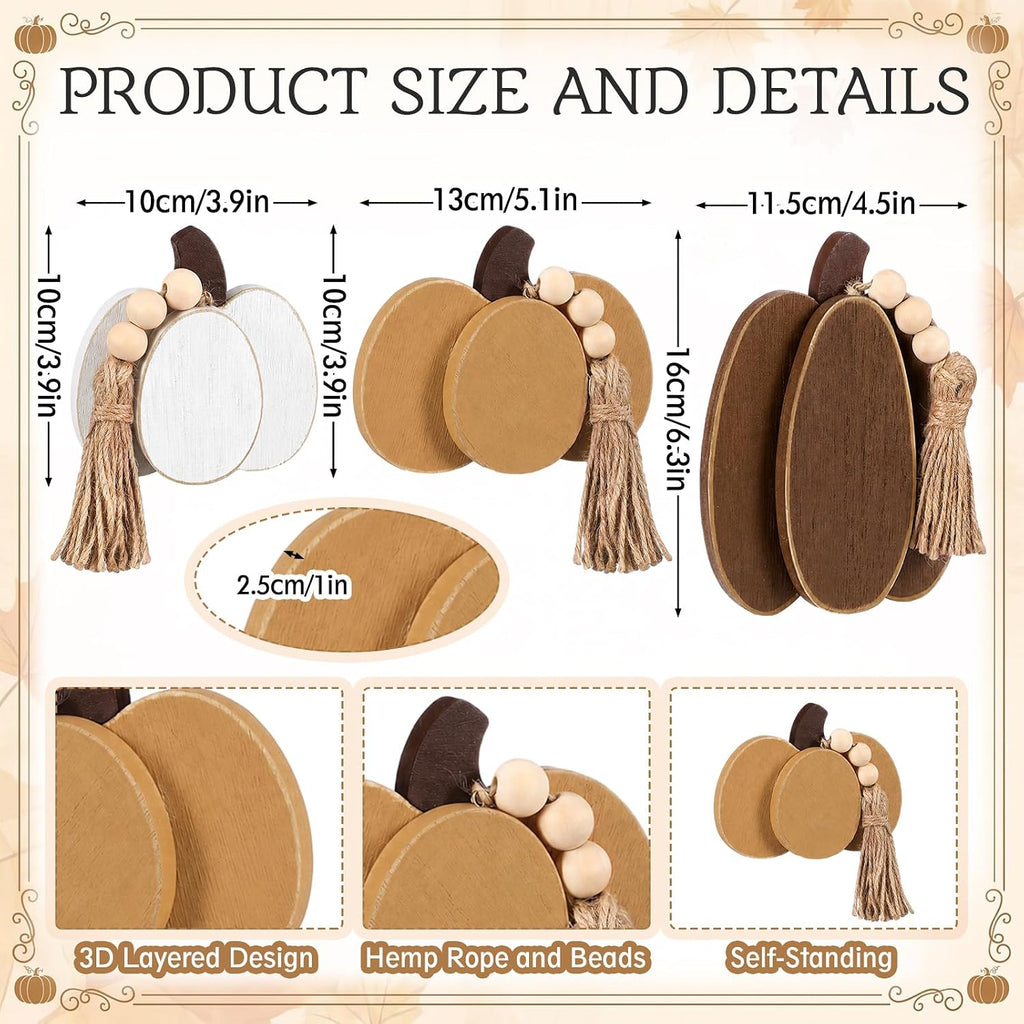 Fall Thanksgiving Pumpkin Decor with Beige Beads Fall Wooden Sign 3D Pumpkin Tabletop Centerpiece Farmhouse - Set of 3