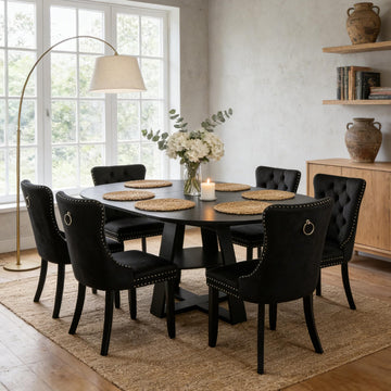 Round Extendable Dining Table Set for 6, 43"-59" Black Expandable Kitchen Table with 6 Black Velvet Tufted Chairs