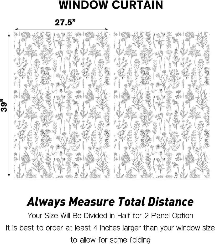 Vintage Floral Kitchen Window Curtains 27.5 x 39 Inch Small Short Mini Cafe Rod Pocket Retro Flower Black Grey and White Living Bedroom Room Home Treatment Set of 2 Curtain Panels Drapes Tiers