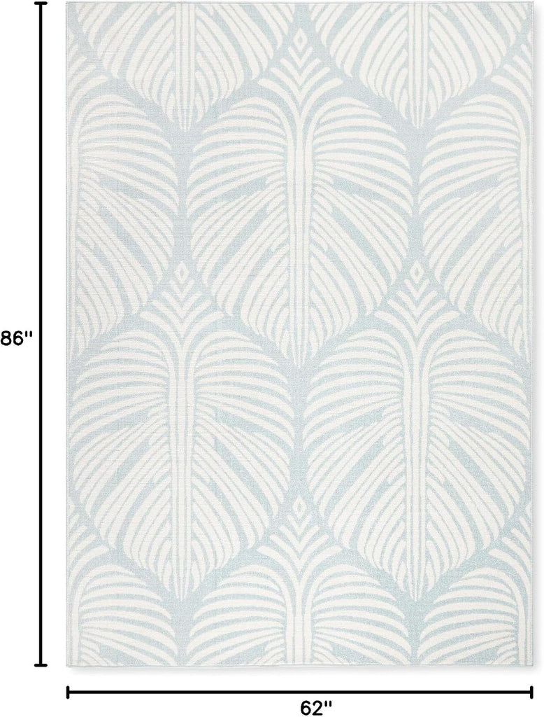 Lanai Palm Leaves Indoor Outdoor Area Rug, Leaf Tropical Design, UV Fade Resistant, Blue/Ivory, 5'2"x7'2"