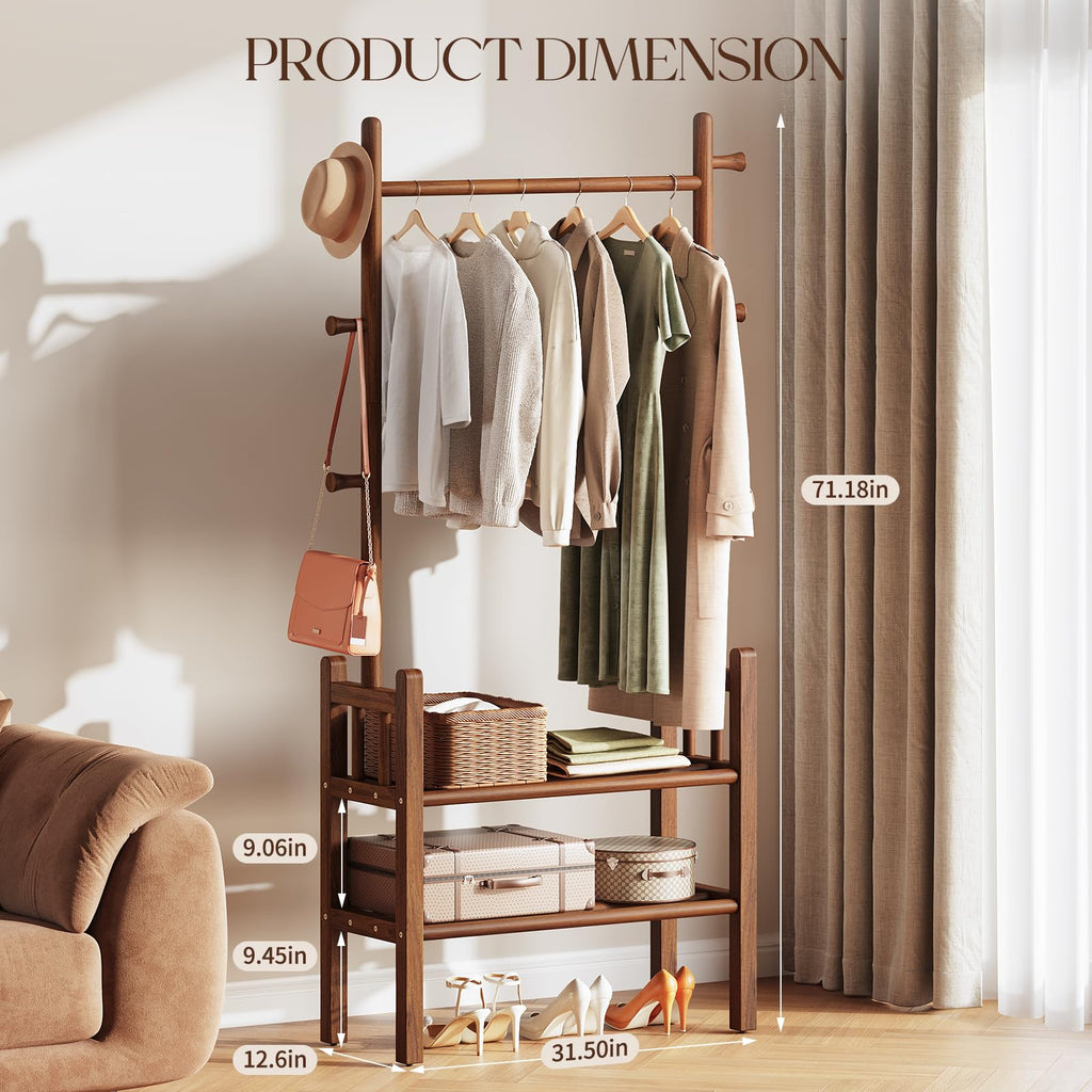 Solid Wood Clothing Rack with Shelves - Coat Rack Freestanding with 6 Hooks Load 450 Lbs, 3-in-1 Hall Tree for