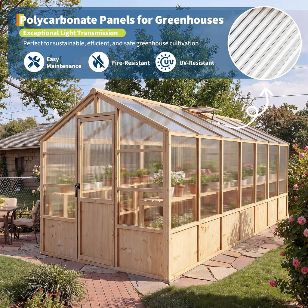 Heavy Duty Walk-in Wooden Greenhouse Kit, 4mm Polycarbonate Panels Green House with Adjustable Vents and Lockable
