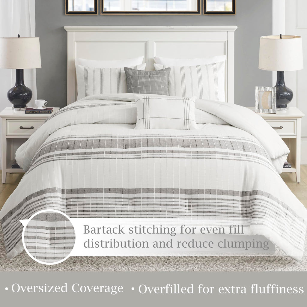 Cal King Comforter Set, Stripes Clipped Jacquard, Cotton Oversized Comforter for a Cal King-Size Bed, Farmhouse