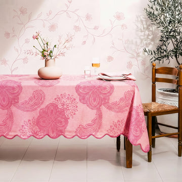 Cotton Damask Print Tablecloth with Scalloped Edge, Machine Washable, Onion Pink, 60 x 90 Inch Rectangle