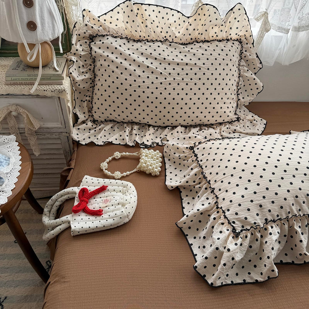 Chic Black Polka Dot Ruffled Beige Duvet Cover
