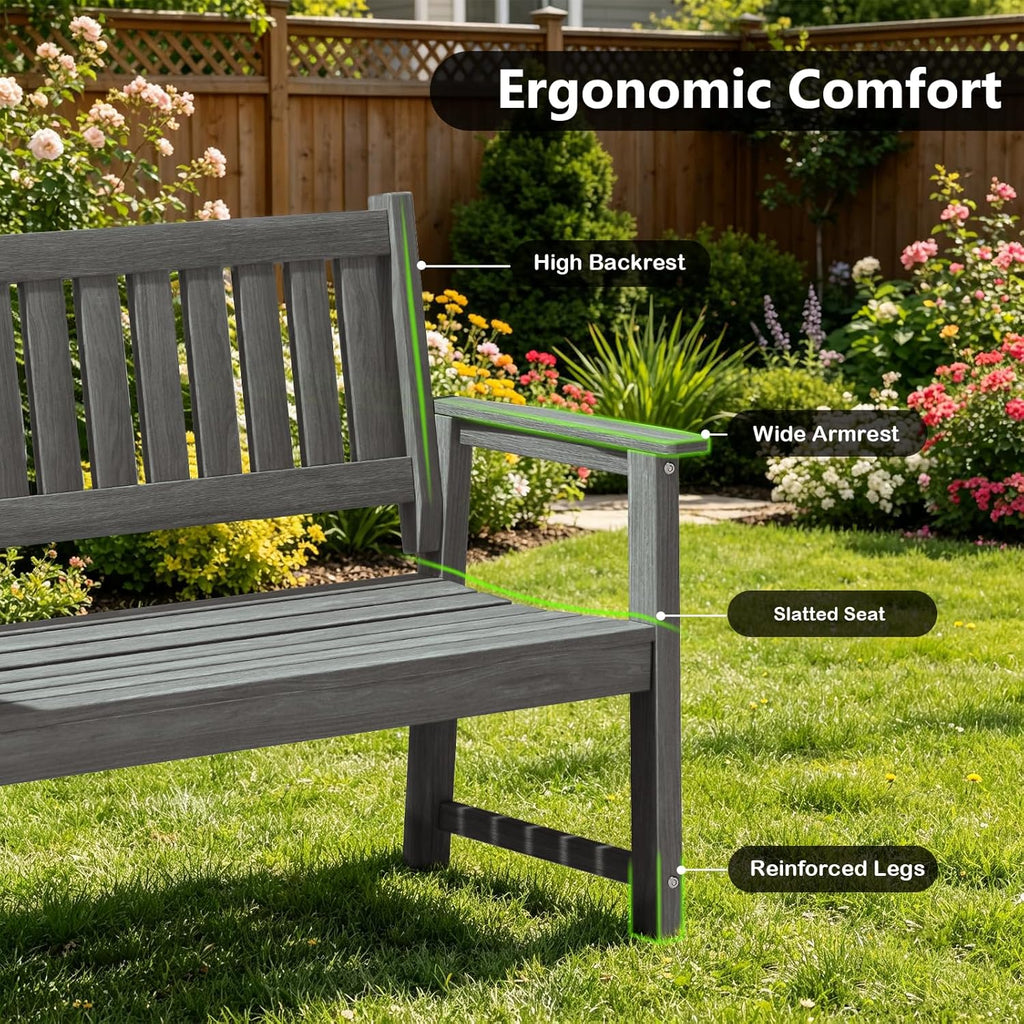 All Weather Poly Lumber Outdoor Garden Bench, 2-Person, Light Gray | 700 Lbs Weight Capacity Heavy Duty Weatherproof