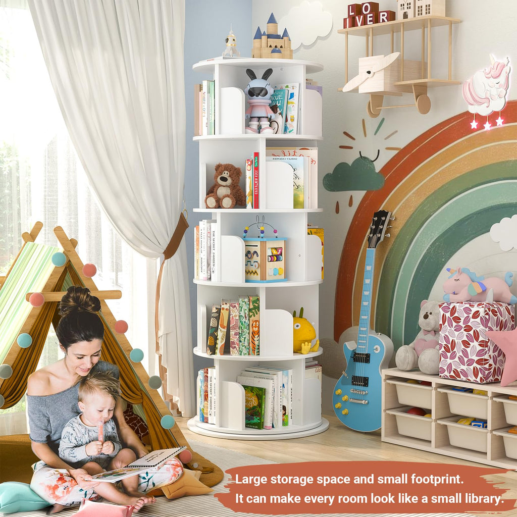 Rotating Bookshelf Tower, 5 Tier Wood Spinning Bookcase, White