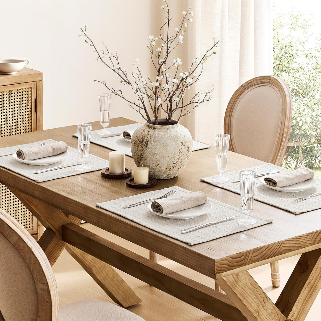 Artisanal Grid Decorative Linen Placemats Set of 4, Ivory
