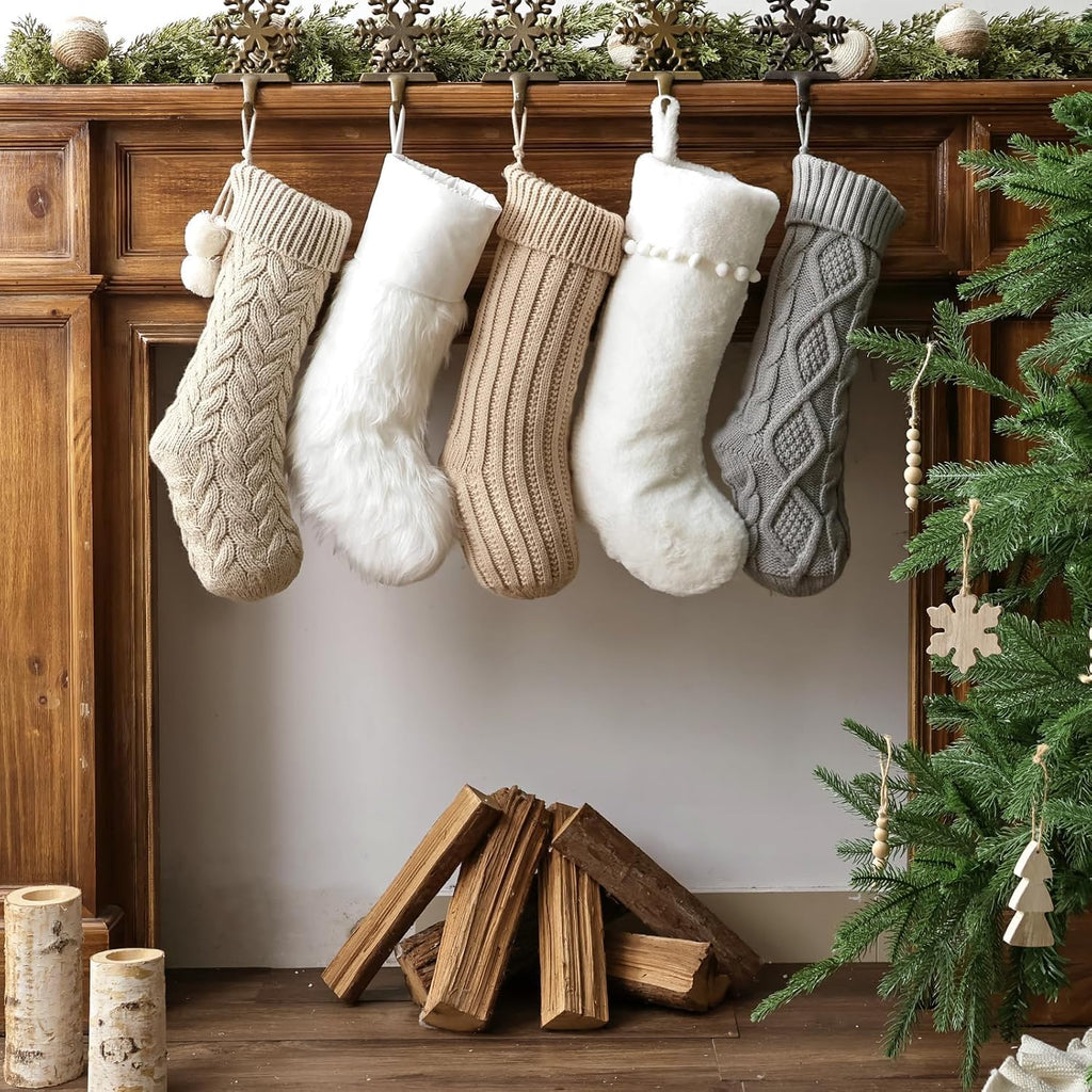 S: 5 Pack 18 inch Farmhouse Plush Faux Fur & Cable Knitted Fireplace Xmas Stockings, Hanging Gifts Cozy Personalized - Set of 5