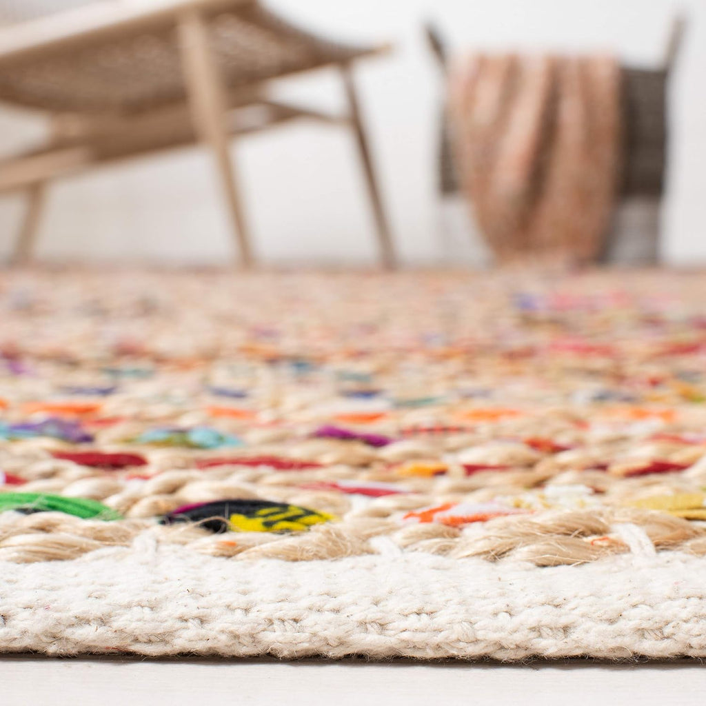 Cape Cod Collection Area Rug - 6' Square, Natural & Multi, Handmade Boho Braided Jute, Ideal for High Traffic Areas
